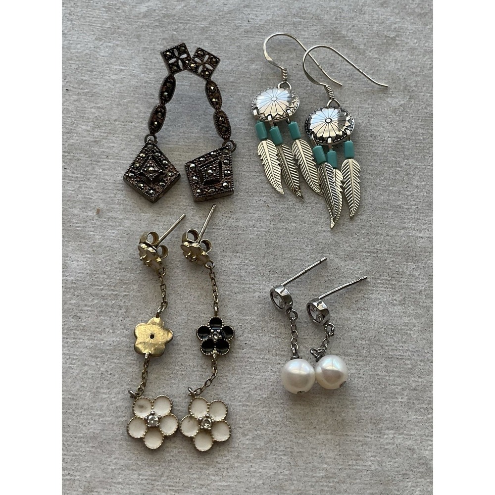 Lot Of 4 925 Sterling Silver Dangle Earrings Vintage Estate Jewelry